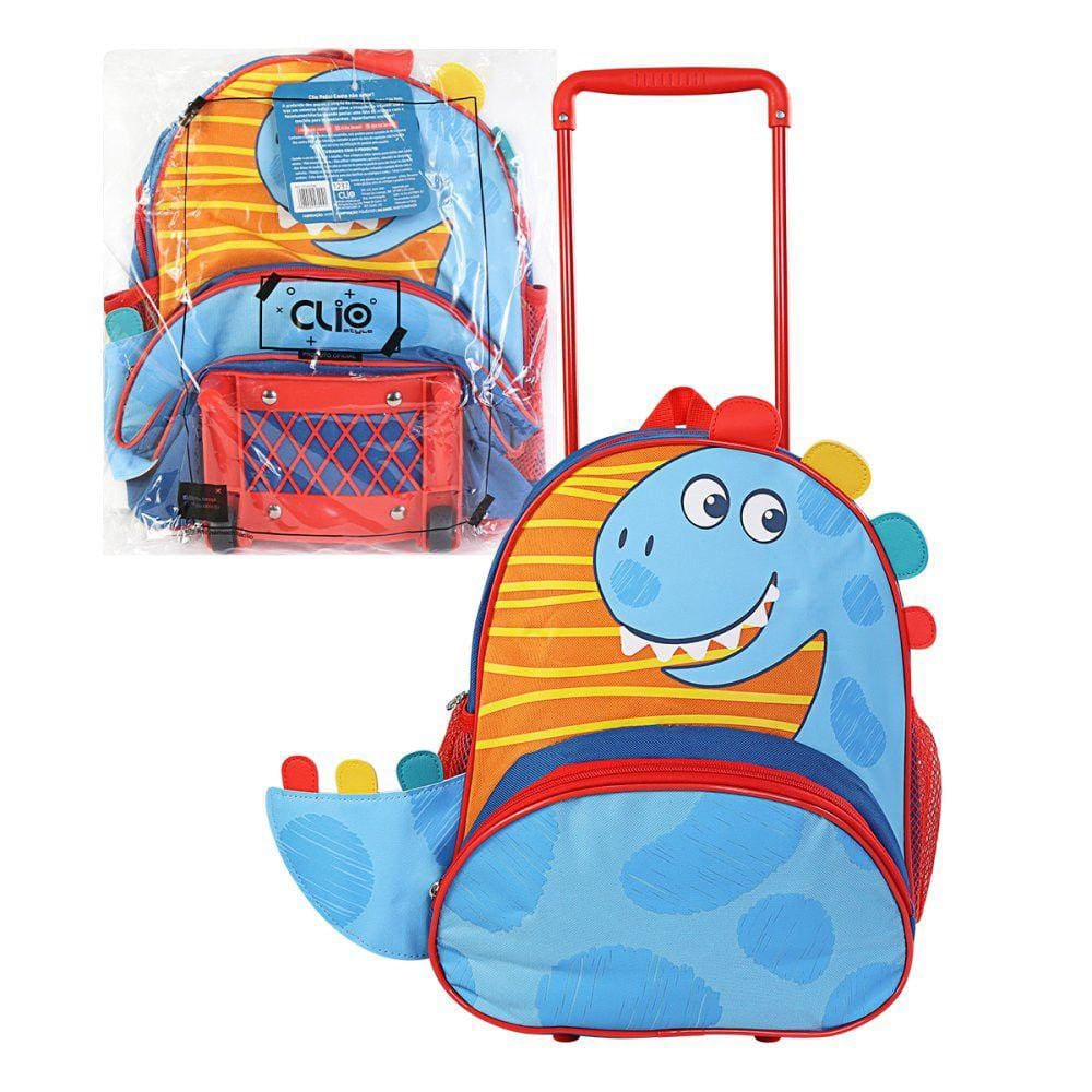 Mochila de Rodinhas Infantil Passeio Escolar Dinossauro Azul Clio Pets