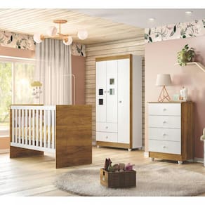 Quarto de Bebê Completo 100% MDF com Guarda Roupa 3 Portas, Cômoda e Berço Life Espresso Móveis Branco/Ypê