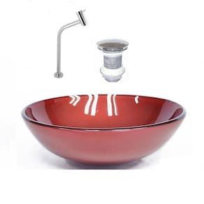 Kit Cuba Vidro Redonda 42cm Torneira e Válvula Vermelho Cereja
