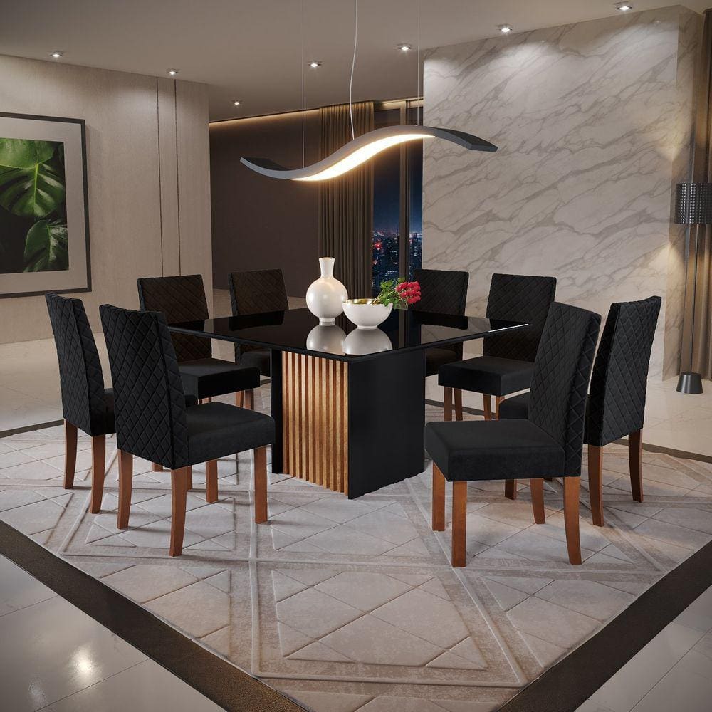 Conjunto Sala de Jantar Mesa Cris 1360 Quadrada Tampo Vidro com 8 Cadeiras Dalia Mel/Preto