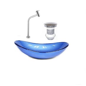 Kit Cuba Vidro Oval 47cm Torneira e Válvula Azul Escuro