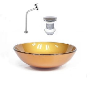 Kit Cuba Vidro Redonda 42cm Torneira e Válvula Dourado Real