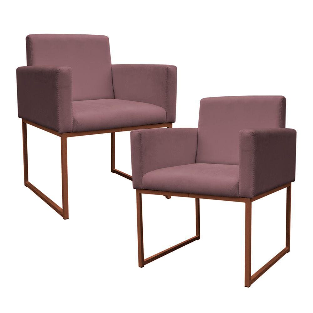Kit 2 Poltronas Decorativa Base De Ferro Bronze Veludo Rosê - Montanaris Decor