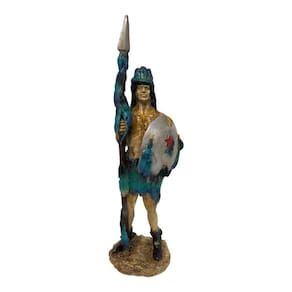 Escultura Índio Guerreiro Com Lança e Escudo 32 cm em Resina