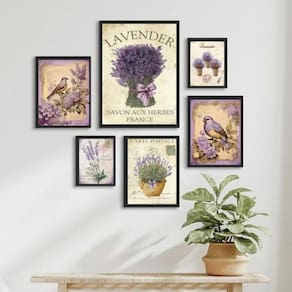 Kit Composição 6 Quadros Lavanda E Pássaros - Com Vidro
