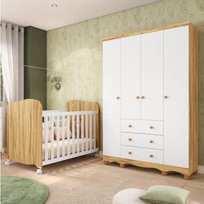 Quarto de Bebê com Guarda Roupas 4 Portas e Berço com Rodízio Mimo 100% Mdf Branco Brilho/Amêndoa