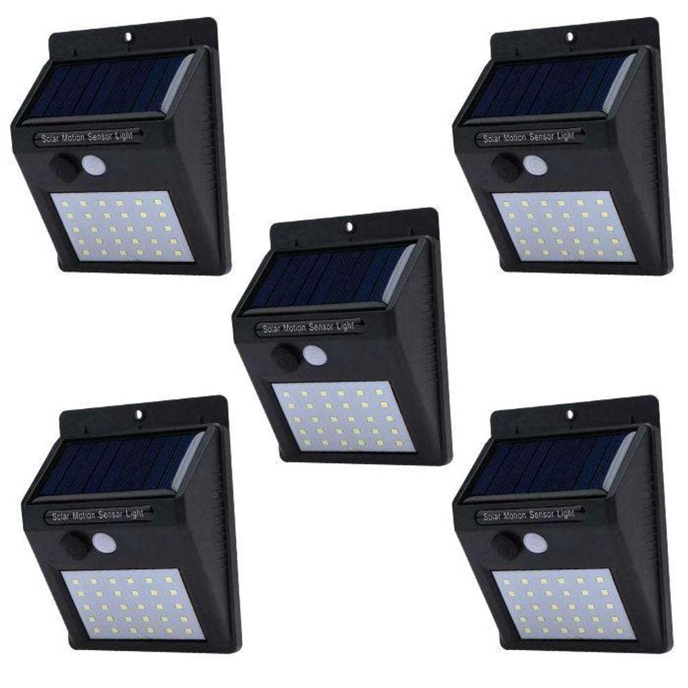Kit 5 Luminária Solar De Parede 30 Leds 6W Sensor Movimento