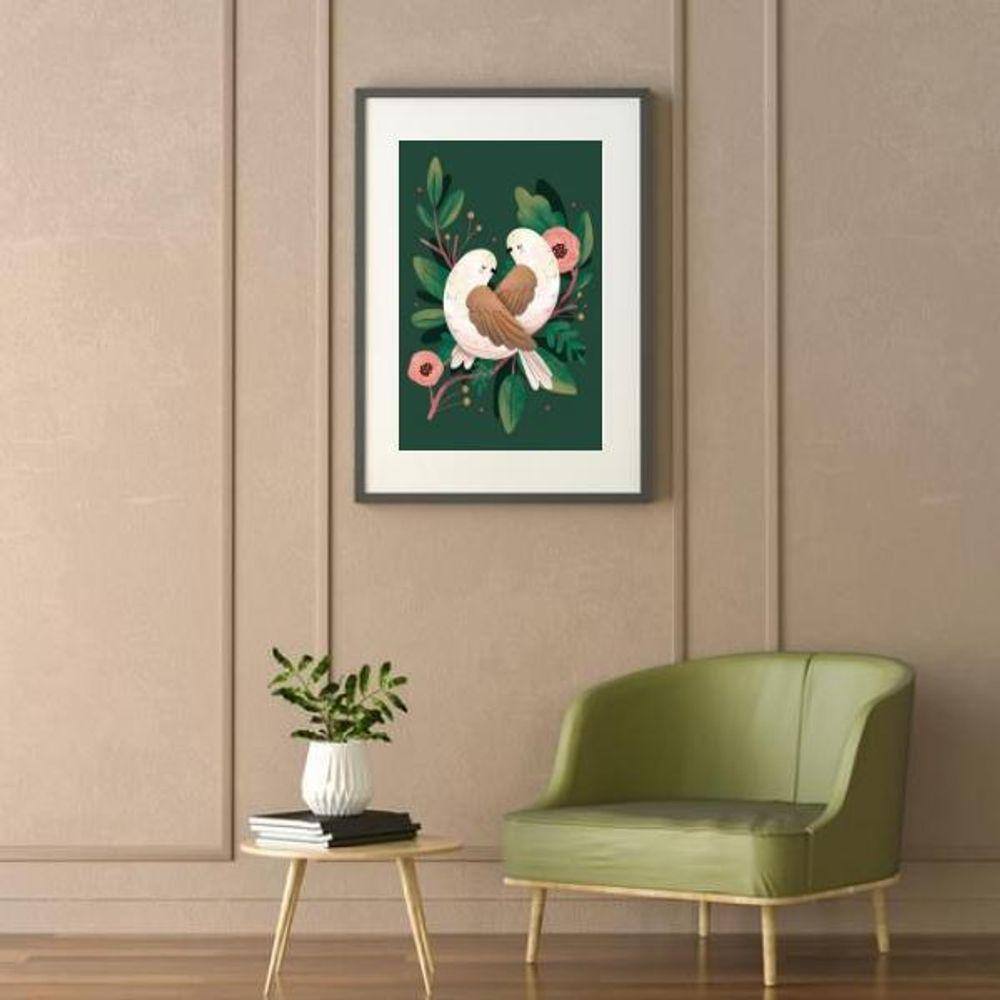 Quadro Decorativo Casal De Passarinhos - 60X48Cm