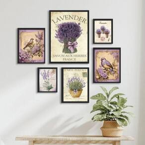 Kit Composição 6 Quadros Lavanda E Pássaros - Com Vidro