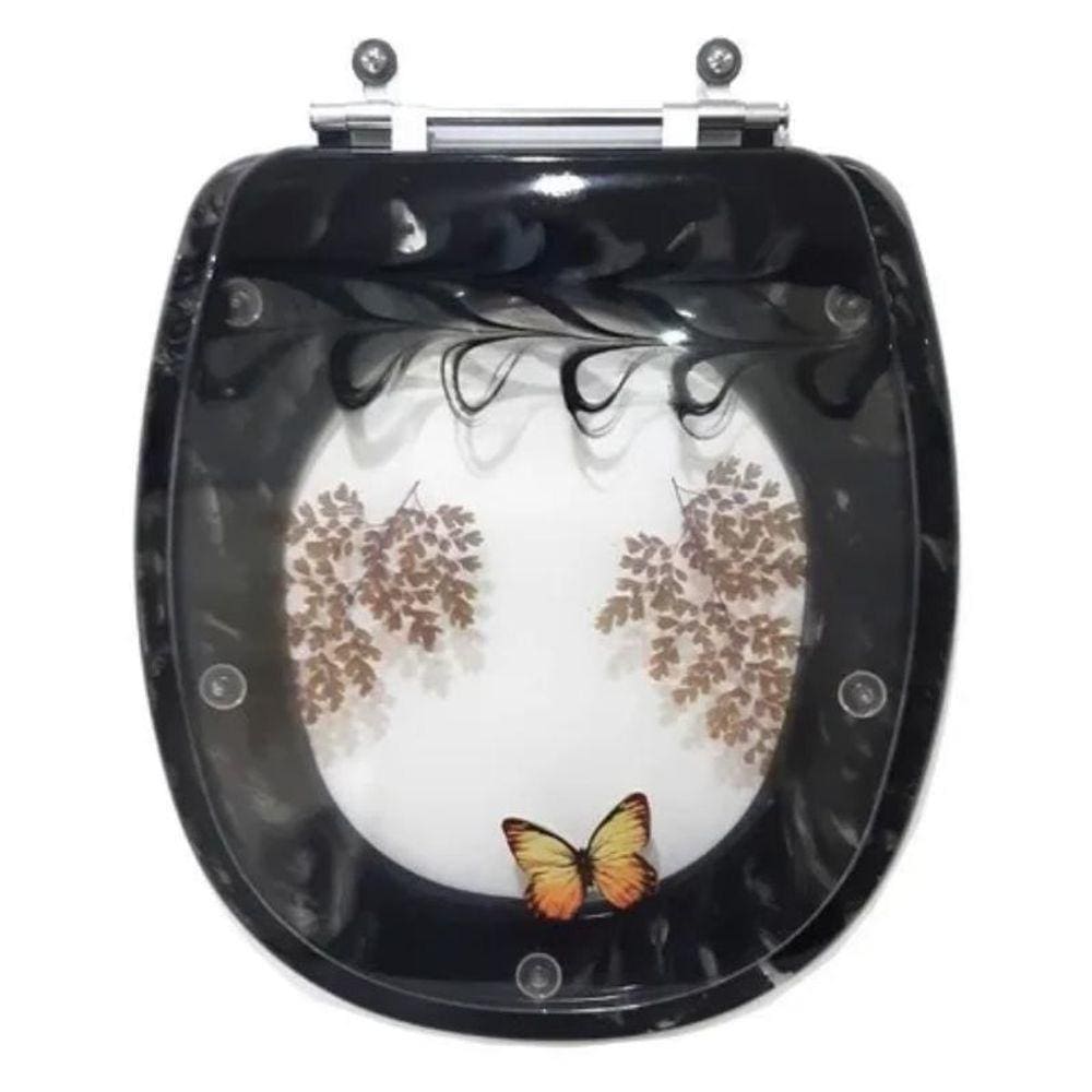 Assento Sanitario Poliester Decorado Borboleta Aspen Preto para vaso Deca