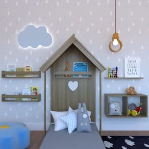 Quarto Infantil Cama Nicho Prateleira e Revisteiros Carvalho