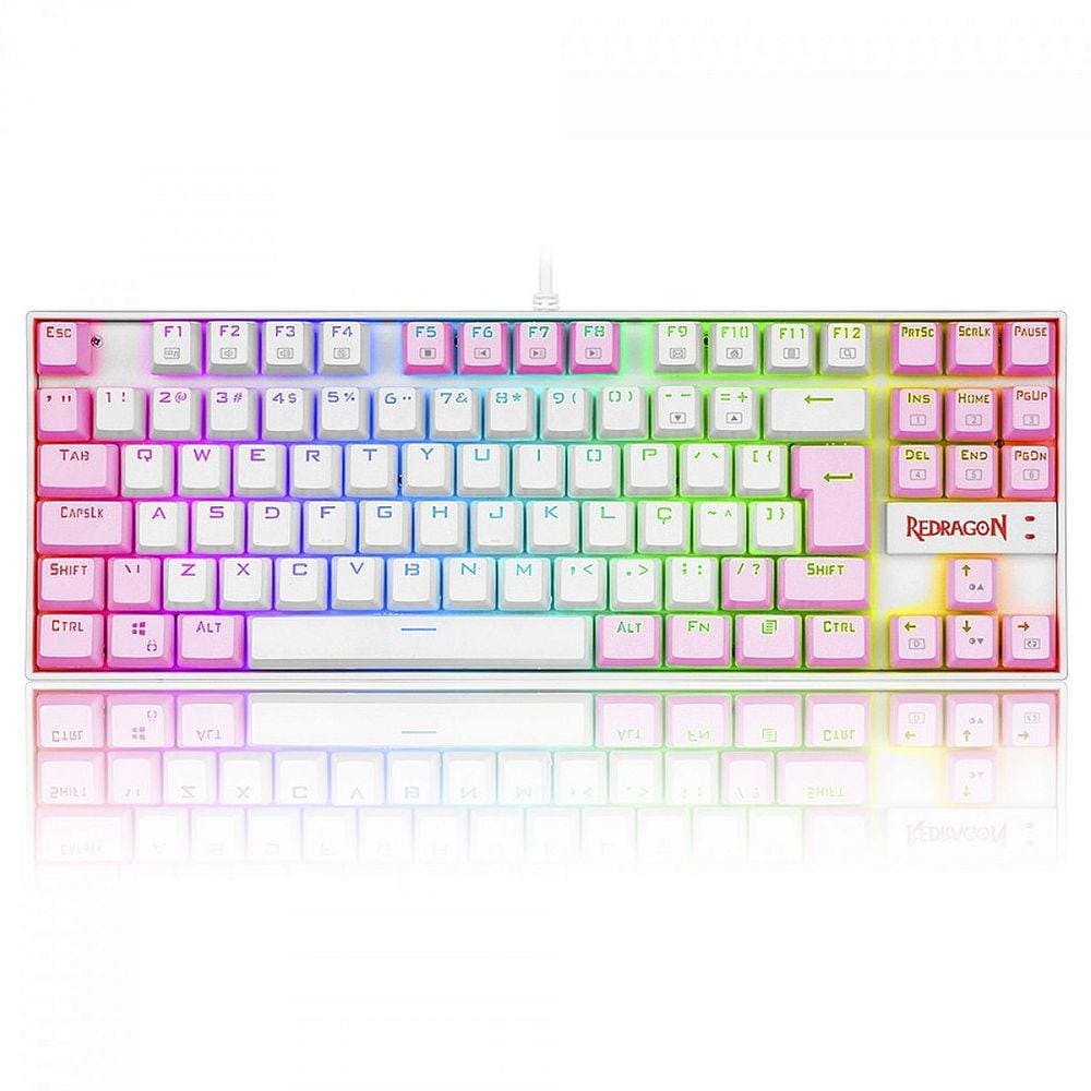 Teclado Mecânico Gamer Redragon Kumara, Switch Blue, RGB, ABNT2, White/Pink
