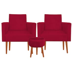 Kit 02 Poltronas Luxo Decorativas Nina E Puff Suede Vermelho