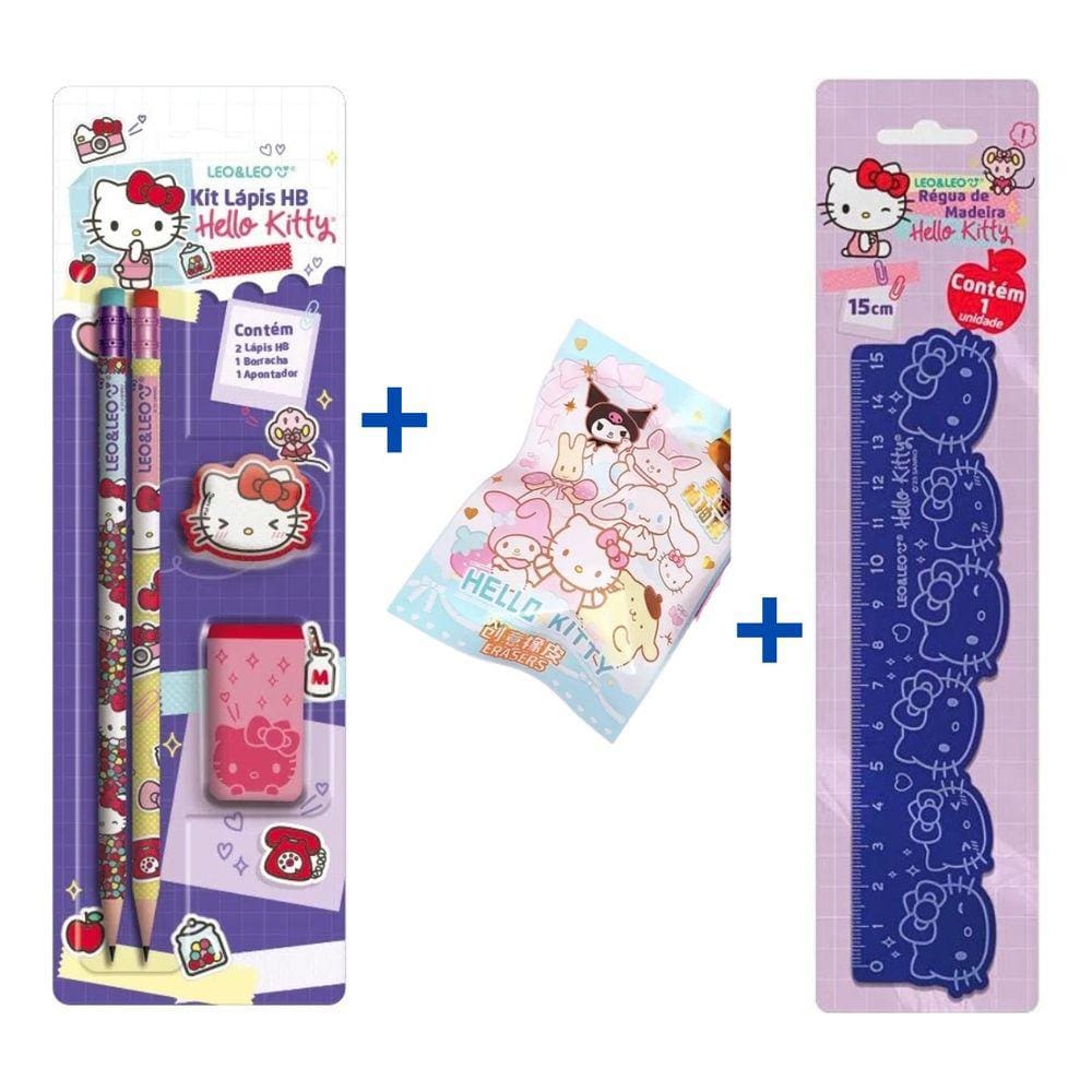 Kit Hello Kitty Lápis + Borracha + Apontador + Régua 15cm