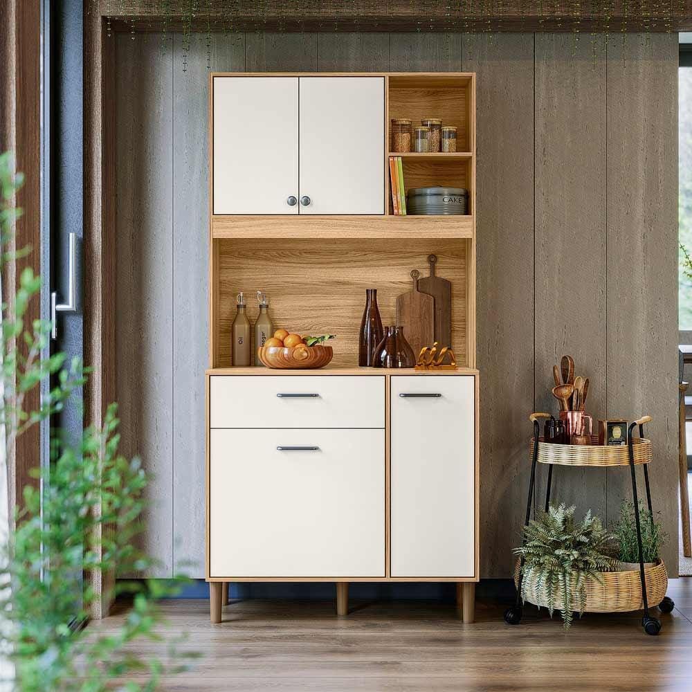 Armário Para Cozinha Pequena 4 Portas 1 Gaveta 90 cm Freijó Off White Cristal Erva Doce Nicioli