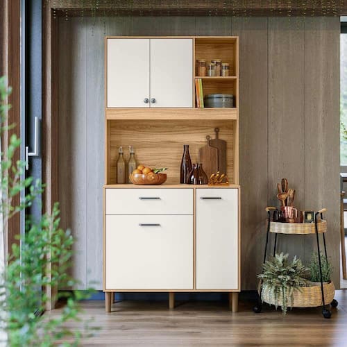 imagem-Armário Para Cozinha Pequena 4 Portas 1 Gaveta 90 cm Freijó Off White Cristal Erva Doce Nicioli
