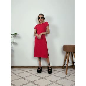 Vestido Midi Camiseta Com Fenda Aveloz Vermelho
