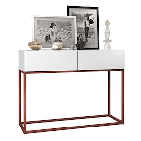 Aparador Buffet Hall De Entrada Luxo Eros 02 Gavetas 90cm Branco Com Cobre
