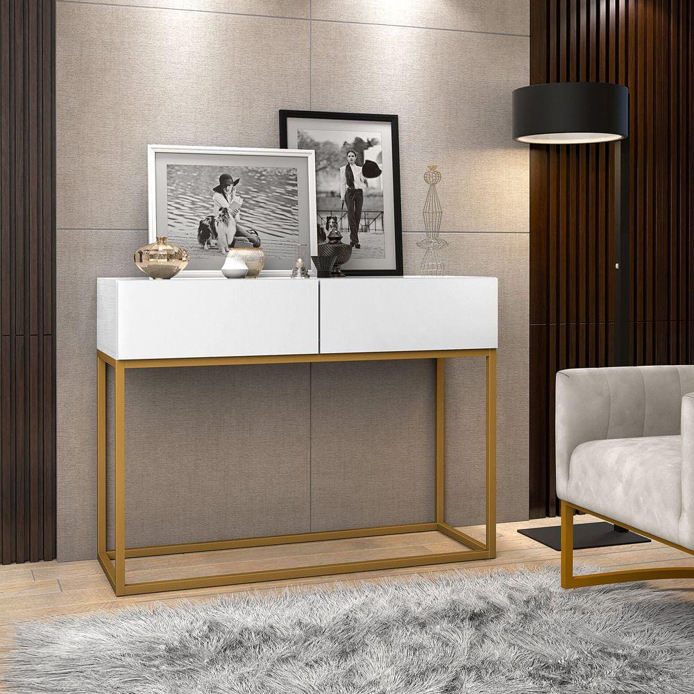 Aparador Buffet Hall De Entrada Luxo Eros 02 Gavetas 90cm Branco Com Dourado