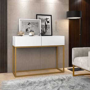 Aparador Eros Branco 90cm Estilo Industrial 2 Gavetas Pés de Ferro Dourado