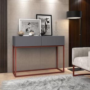 Aparador Buffet Hall De Entrada Luxo Eros 02 Gavetas 90cm Cinza Com Cobre