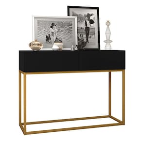 Aparador Buffet Hall De Entrada Luxo Eros 02 Gavetas 90cm Preto Com Dourado