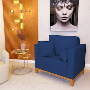Poltrona Beny Decorativa com 2 Almofadas Veludo Azul Base em Madeira Maciça