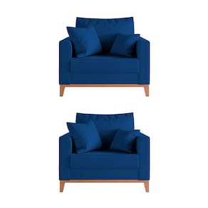 Kit 2 Poltronas Beny para Recepção com 2 Almofadas Veludo Azul Base em Madeira Maciça