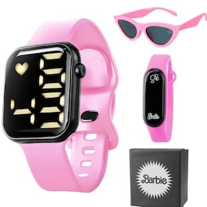 Oculos sol + relogio digital barbie prova dagua rosa presente adolescente led data esportivo menina
