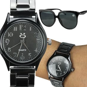 Relogio Feminino Aço Inox Preto + Oculos Proteção Uv Sol Black Piano Casual Social