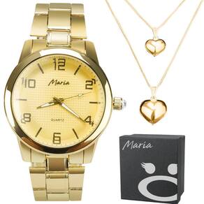 Relogio Feminino Dourado Aço + Colar Duplo Coração Caixa,  Social Presente Ouro Casual