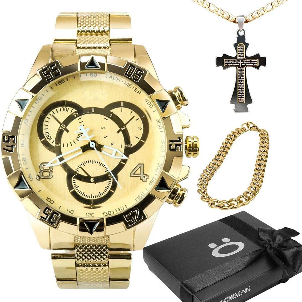 Relogio Prova Dagua Dourado + Pulseira + Caixa Grande Presente Pesado Social, Casual Robusto