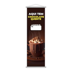 Banner Aqui Tem Chocolate Quente Preço Branco Lona 100X30Cm