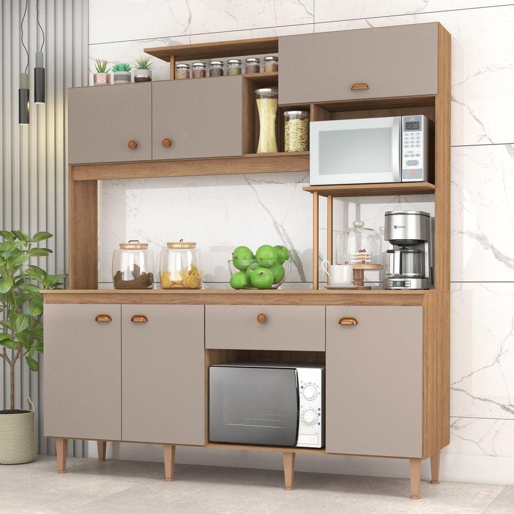 Cozinha Compacta Iata com Tampo 6 Portas 1 Gaveta Mel/Cinza