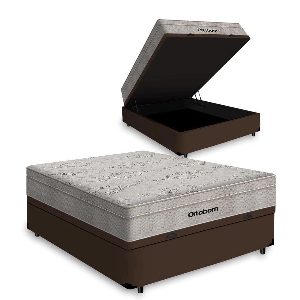 Cama Box Com Baú Casal Marrom + Colchão De Molas Ensacadas - Ortobom - AirTech SpringPocket - 138x188x67cm
