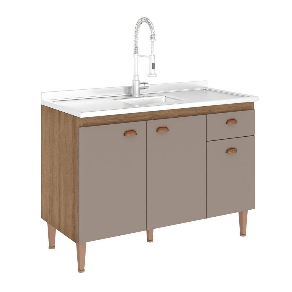 Balcão para Pia sem Tampo 120cm 3 Portas 1 Gaveta Marti Mel/Cinza