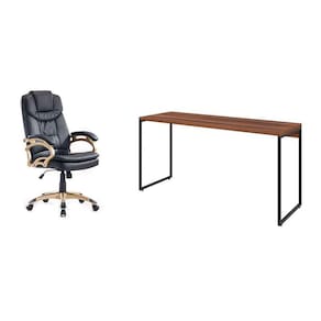 conjunto de mesa studio nogal 150 cm com cadeira de escritório presidente giratória com relax clark preta e dourada