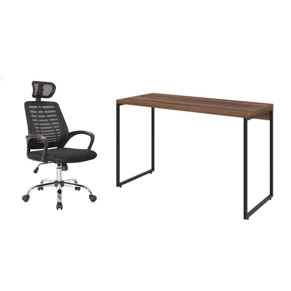 conjunto de mesa studio nogal 120 cm com cadeira de escritório diretor giratória light preta