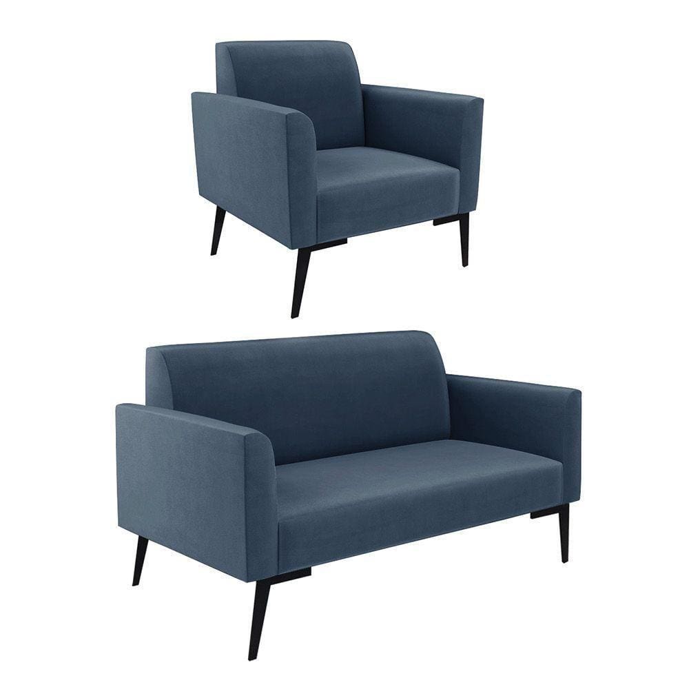 Sofá Namoradeira Com Poltrona Pés Villach Marisa Suede D03 - D\`rossi Cor Azul Marinho