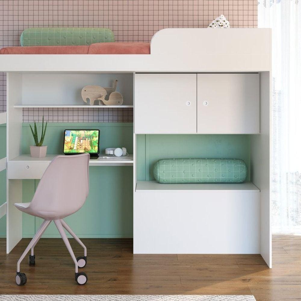 Quarto Juvenil Com Cama Alta 80 Lion E Cama 80 Tókio Branco