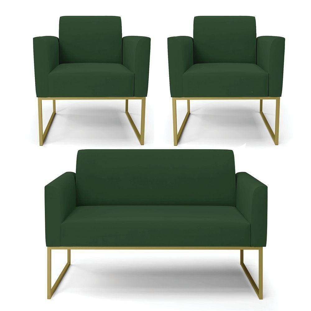 Sofá Namoradeira Com 2 Poltronas Base Industrial Dourado Marisa Veludo D03 - D\`rossi Cor Verde