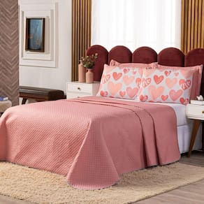 Kit Cobre Leito Corações Rosê/branco Dupla Face Com Fronhas Estampadas Casal Padrão 05 Peças
