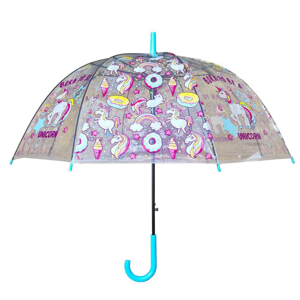 Guarda Chuva Infantil Transparente Unicórnio Abertura Automática: Modelo Curvado Azul