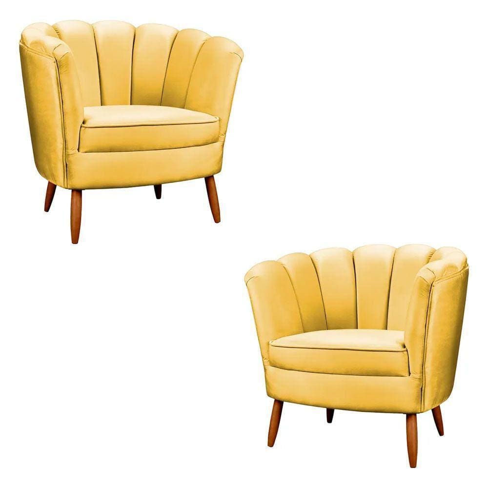 Kit 2 Poltronas Decorativa Ariel Petala Com Pés De Madeira Speciale Home Amarelo