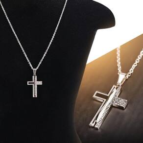 Cordão aço prata inox + crucifixo pai nosso pingente + saquinho casual social presente ajustavel
