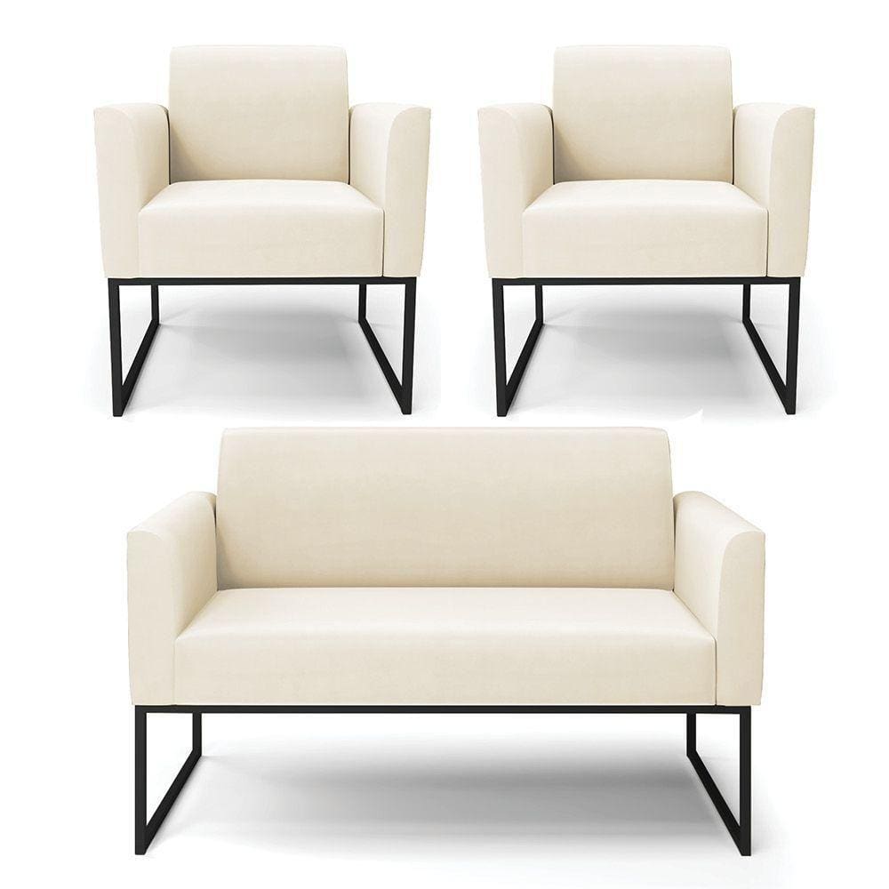 Sofá Namoradeira Com 2 Poltronas Base Industrial Preto Marisa Veludo D03 - D\`rossi Cor Bege