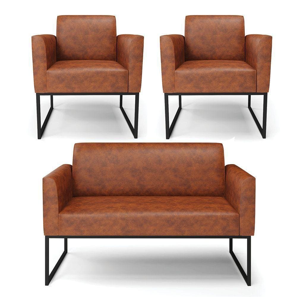 Sofá Namoradeira Com 2 Poltronas Base Industrial Preto Marisa Corano D03 - D\`rossi Cor Nozes
