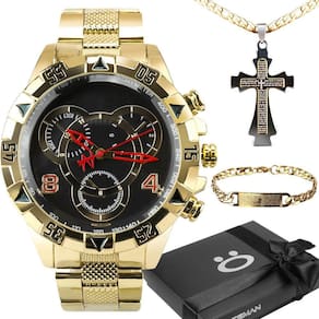 Relogio dourado prova dagua + pulseira + caixa + cordão cruz presente social robusto grande pesado