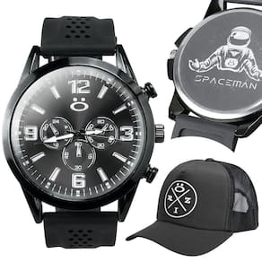 bone + relogio masculino silicone ajustavel aço analogico redinha trucker presente qualidade premium