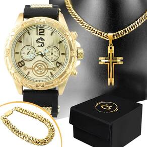 relogio masculino aço inox + pulseira + cordão crucifixo analogico presente dourado ajustavel social
